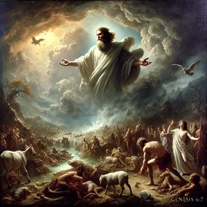 7. Ja Herra sanoi: Minä hävitän maan päältä ihmiset, jotka minä olen luonut, niin myös karjaeläimet, matelijat ja taivaan linnut, sillä minä kadun, että olen ne tehnyt.