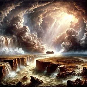 11. Nooan kuudennensadannen ikävuoden toisena kuukautena, kuukauden seitsemäntenätoista päivänä sinä päivänä puhkesivat kaikki suuren syvyyden lähteet ja taivaan ikkunat aukenivat.