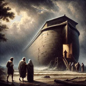 7. Niin Nooa meni poikiensa, vaimonsa ja miniöittensä kanssa arkkiin vedenpaisumusta pakoon.